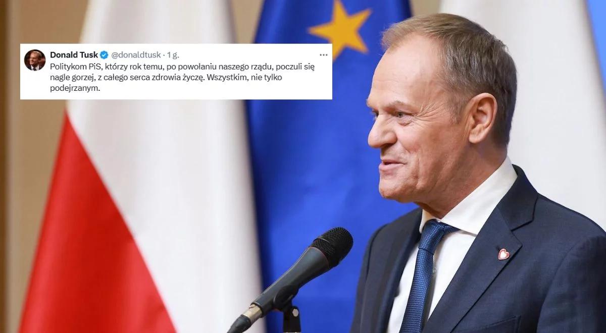 "Rok temu nagle poczuli się gorzej". Tusk "życzy zdrowia" politykom PiS