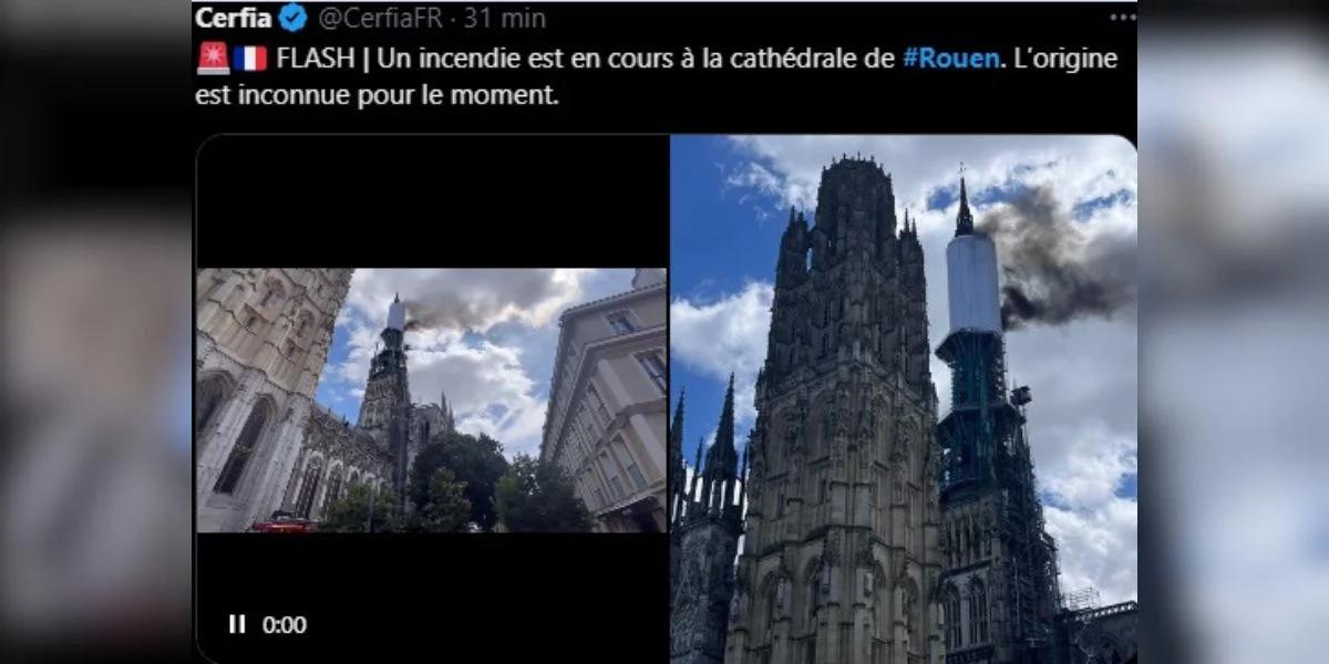 Pożar gotyckiej katedry w Rouen. Zapaliła się iglica wieży [WIDEO]