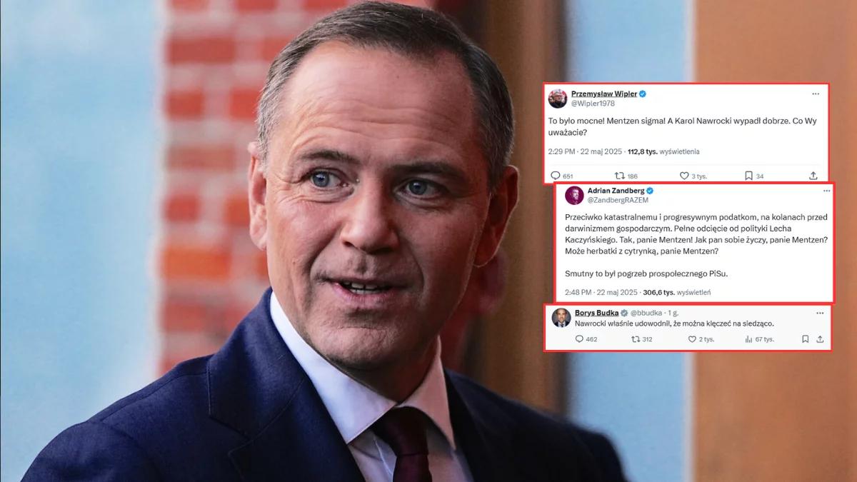 "Mocne", "Klęczał, siedząc". Fala komentarzy po rozmowie Nawrocki-Mentzen