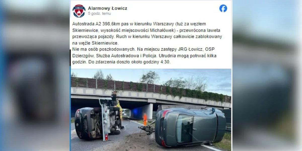 Laweta blokowała autostradę A2. Kierowcy utknęli w ogromnym korku