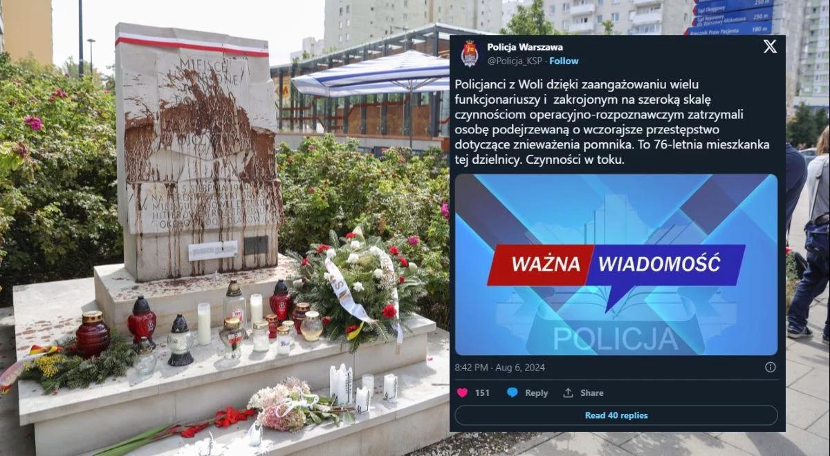 Dewastacja pomnika ofiar rzezi Woli. Domniemana sprawczyni w rękach policji