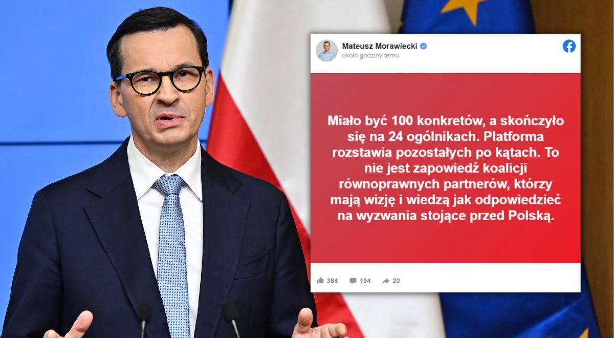 Premier Morawiecki o umowie koalicyjnej. "Miało być 100 konkretów, a skończyło się na 24 ogólnikach"