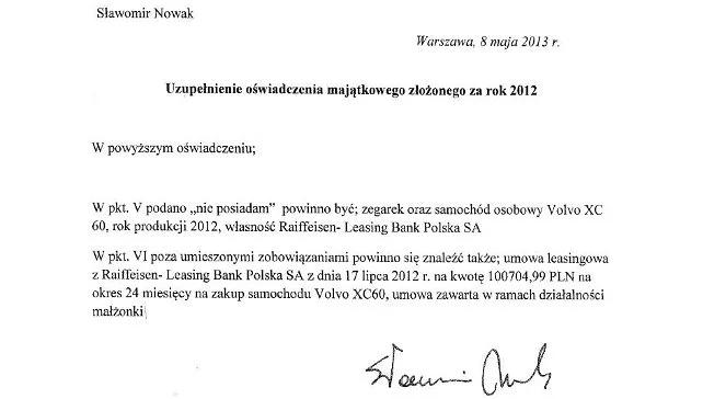 Minister Nowak uzupełnił oświadczenie majątkowe, dopisał...