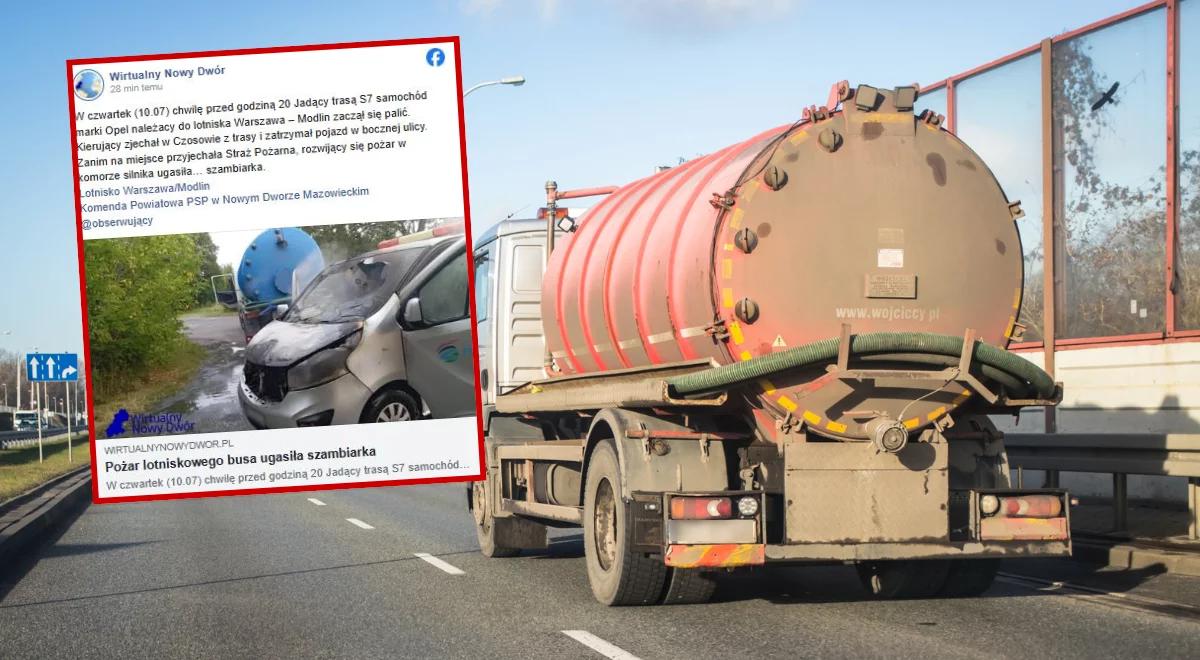 Bus lotniska w Modlinie zaczął się palić. Ugasiła go szambiarka