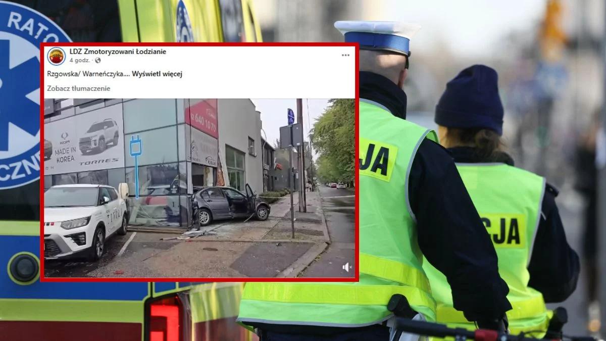Wypadek w Łodzi. 44-latek wjechał bmw w salon samochodowy. Poważne zniszczenia