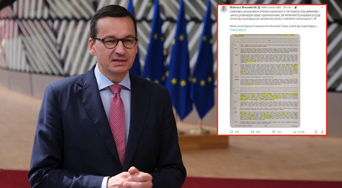 PE za zmianami traktatów UE. Premier Morawiecki: głosy europosłów z list KO i Lewicy przeważyły szalę