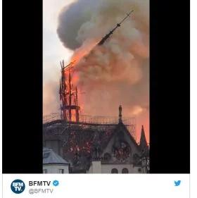 Tak wyglądało zawalenie się głównej iglicy Notre Dame. Dramatyczny widok