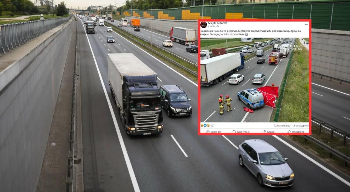 Dramat na S8 na Bemowie. Mężczyzna skoczył z wiaduktu pod ciężarówkę