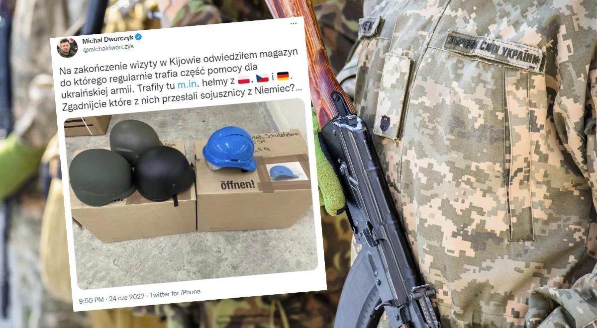 Szef KPRM pokazał hełmy, jakie Zachód dał Ukrainie. "Zgadnijcie, które z nich przesłali Niemcy?"