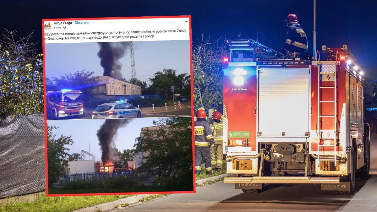 Warszawa. Pożar na Grochowie. Słup czarnego dymu