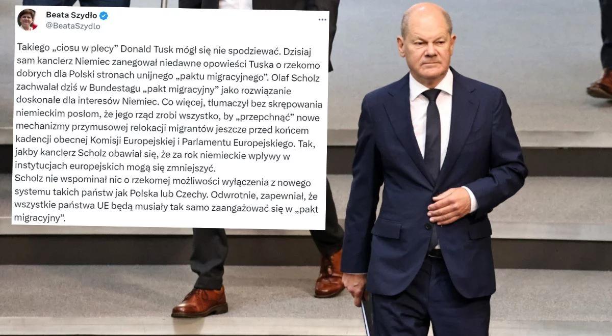 Scholz ujawnił prawdziwe oblicze paktu migracyjnego. Szydło: takiego "ciosu w plecy" Tusk mógł się nie spodziewać