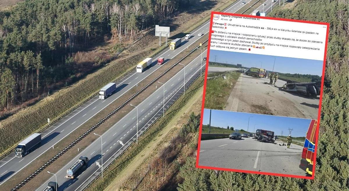Groźny wypadek na A1 koło Radomska. Auto do góry kołami, dwie osoby ranne