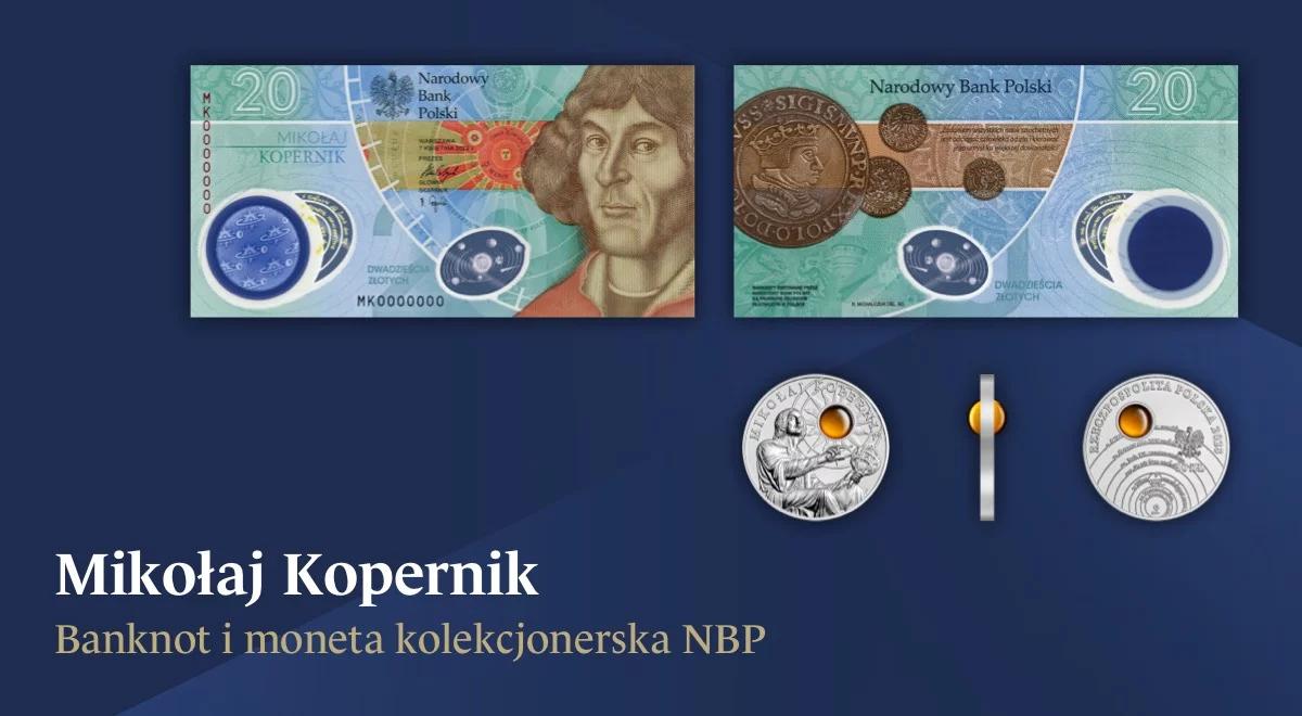 Mikołaj Kopernik na banknocie kolekcjonerskim NBP oraz srebrnej monecie z bursztynem