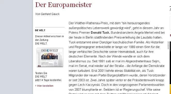 Niemiecki „Die Welt” o Tusku: Mistrz Europy