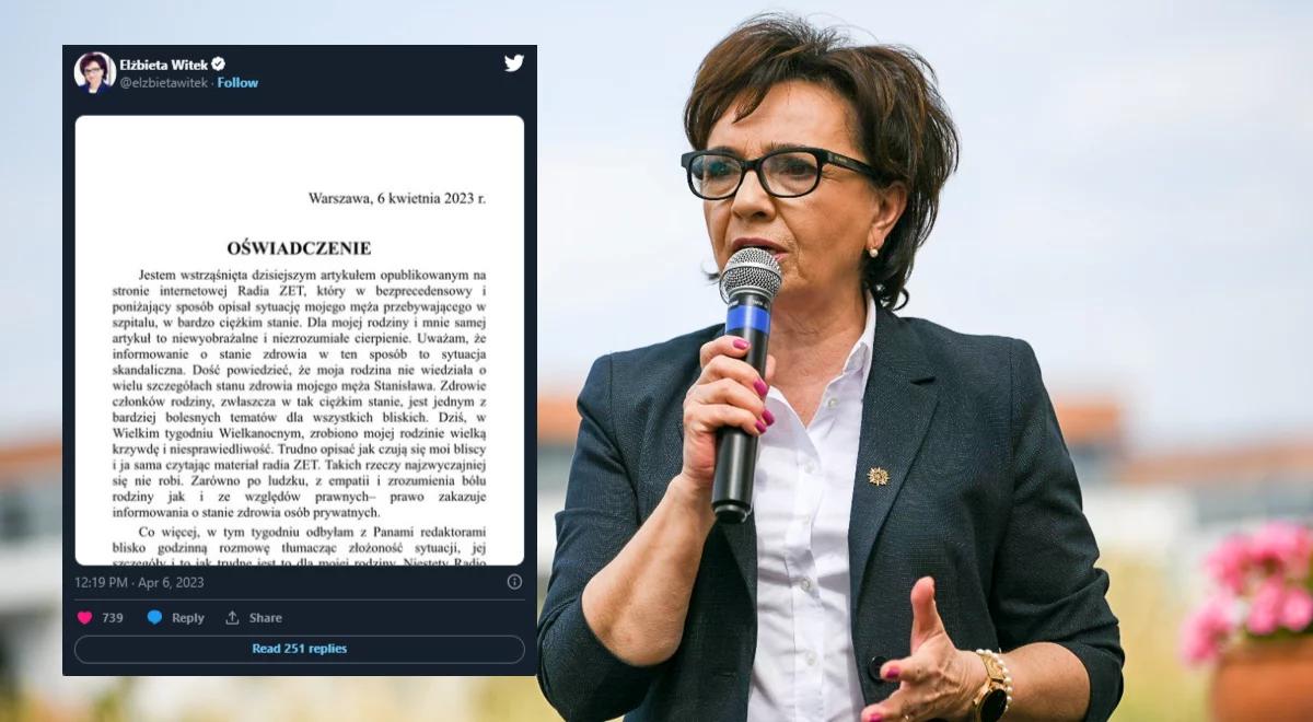 "Zrobiono mojej rodzinie wielką krzywdę". Elżbieta Witek zapowiada kroki prawne po publikacji Radia ZET
