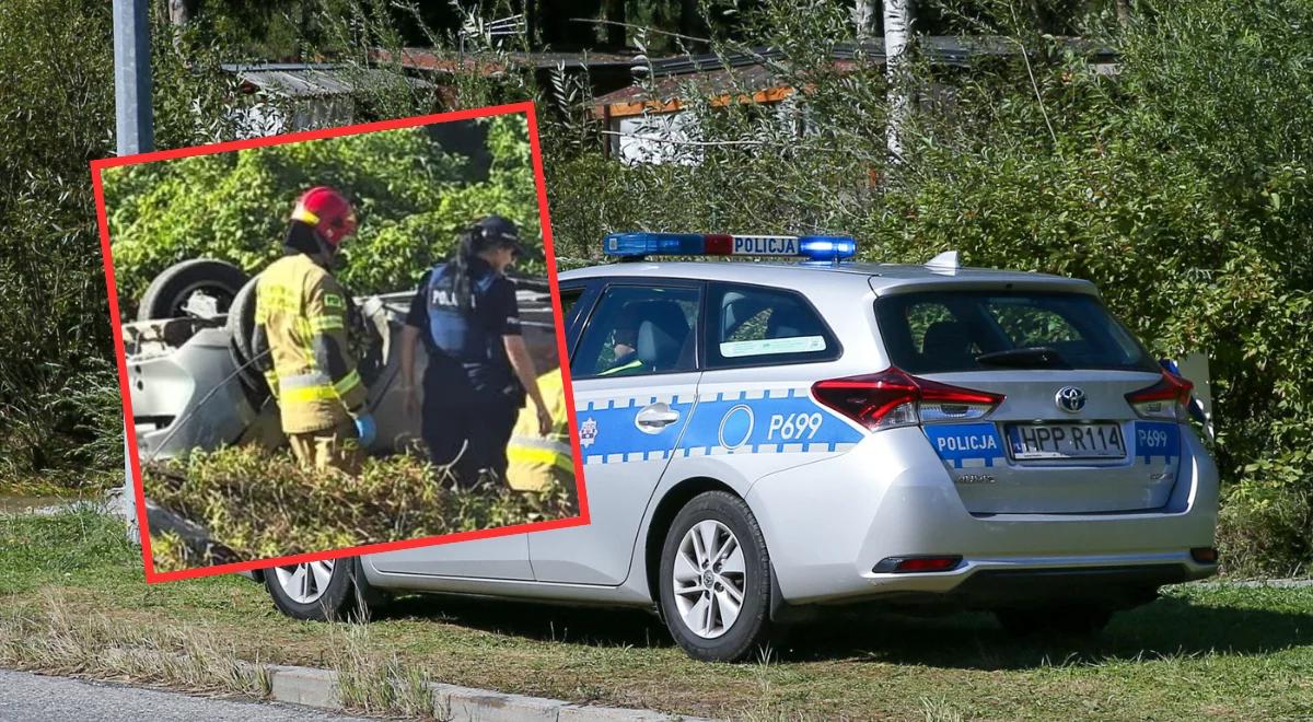 Gołkowice Dolne. Radiowóz wypadł z trasy i dachował. Dwóch policjantów w szpitalu