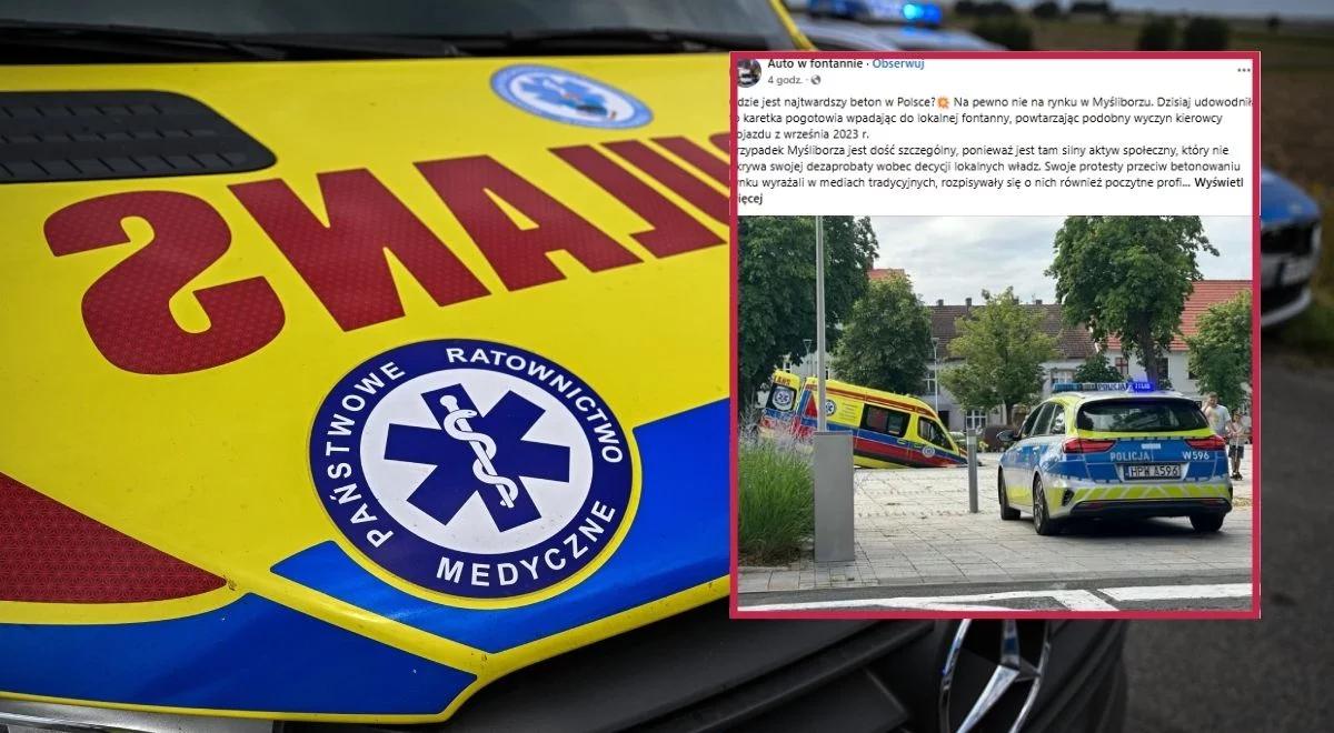 Niecodzienna interwencja w Myśliborzu. Karetka wpadła do fontanny