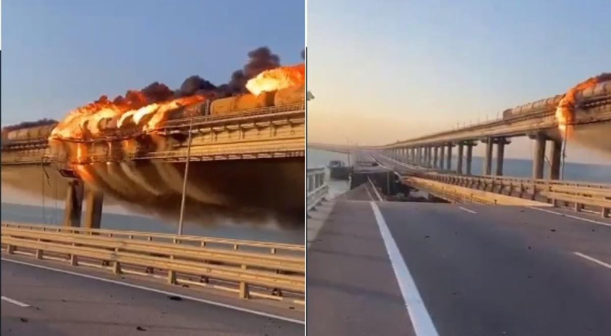 Rosyjski most prowadzący na Krym w ogniu. Spłonęły cysterny z paliwem [NAGRANIE]