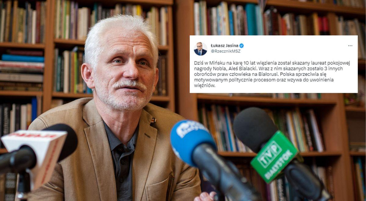 Aleś Bielacki skazany przez białoruski reżim. Rzecznik MSZ: Polska sprzeciwia się motywowanym politycznie procesom