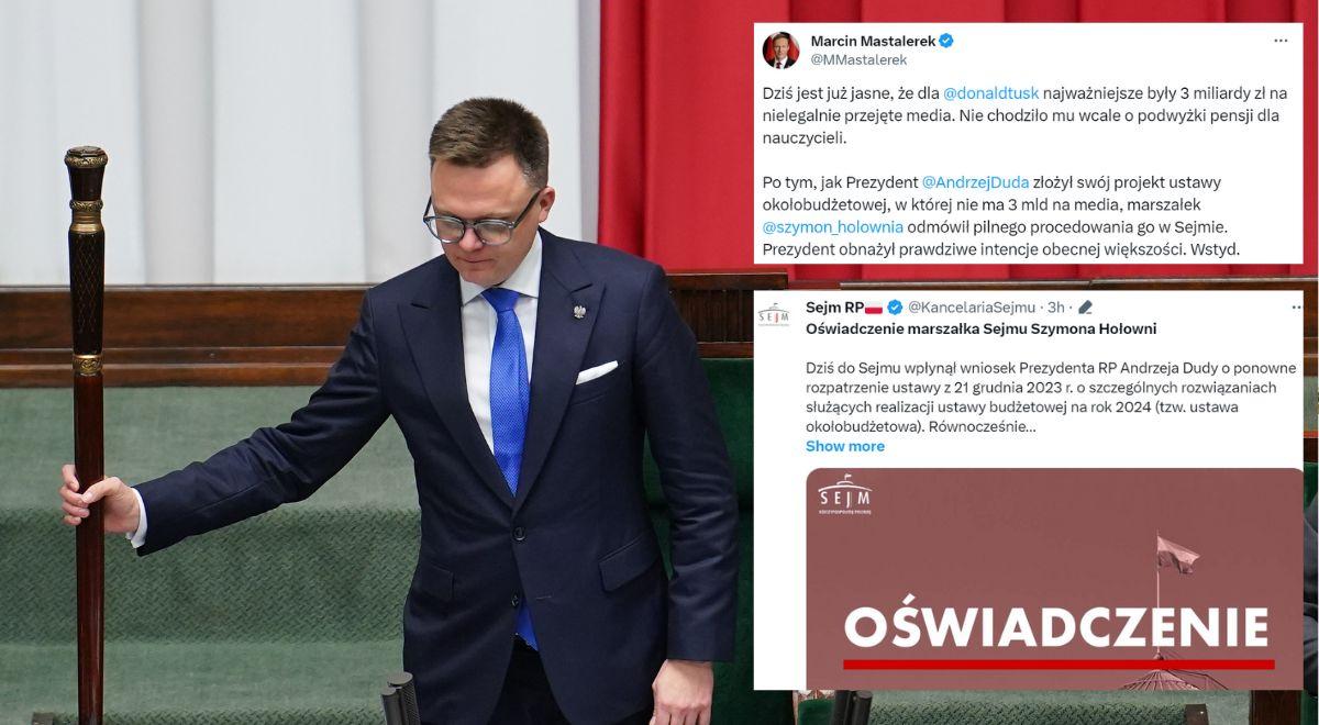 Marszałek Hołownia odmówił pilnego procedowania prezydenckiego projektu. Mastalerek: wstyd