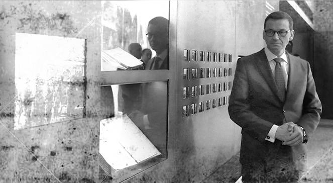 Premier Mateusz Morawiecki w Markowej. Kwiaty pod pomnikiem "Pamięci Żydów ofiar zagłady i Nieznanych Polaków zamordowanych za niesioną im pomoc"
